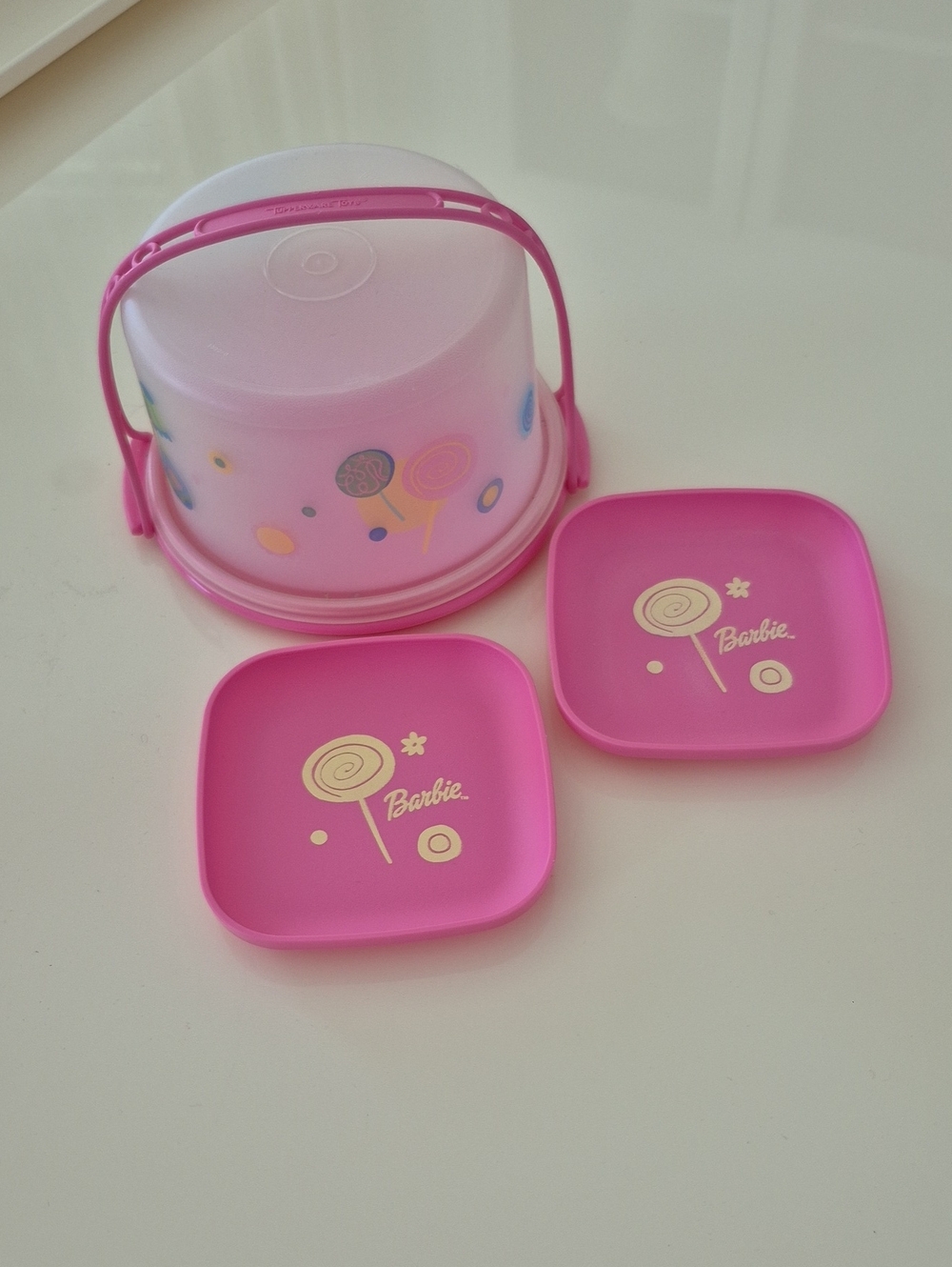 Vintage Tupperware Barbie Pink Play Cake Container Set with Lollipop Graphics